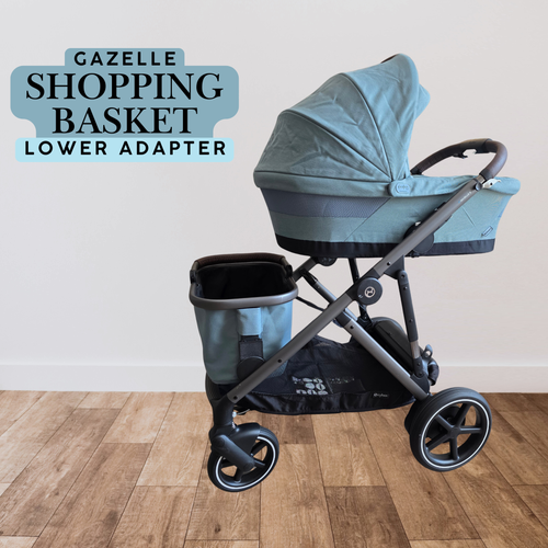 Stroller House lower-slot shopping basket adapter for the CYBEX Gazelle S and eGazelle S, shown carrying the CYBEX basket below the carrycot.