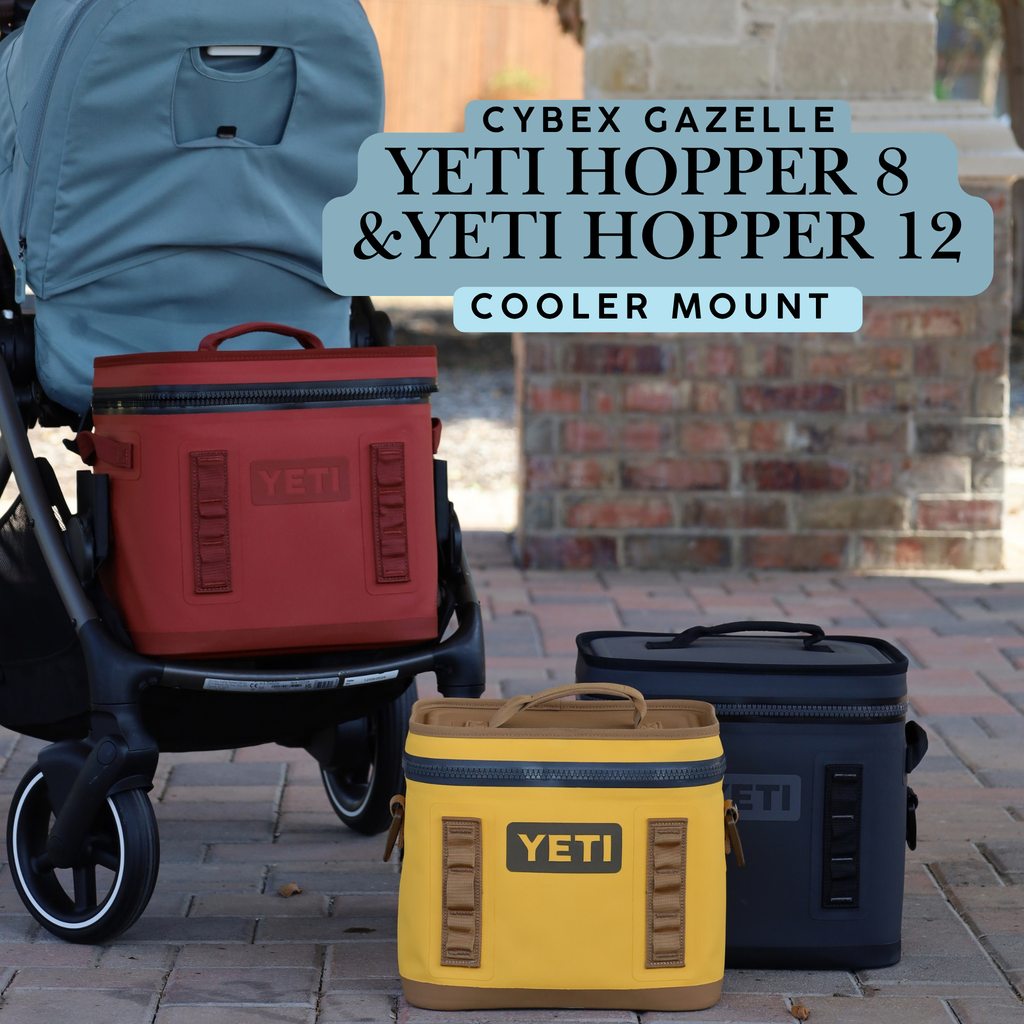 Stroller House cooler mount for the CYBEX Gazelle S, made for the YETI Hopper Flip 8 and Hopper Flip 12, shown carrying a cooler in the lower slot.
