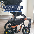 Stroller House balance bike and scooter side mount adapter for the UPPAbaby Ridge, shown with a balance bike alongside a black Ridge stroller.