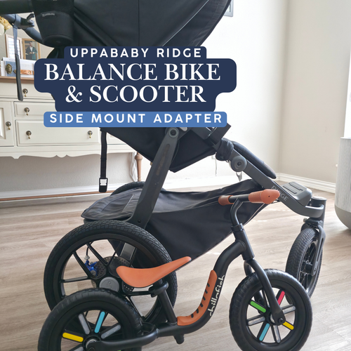 Stroller House balance bike and scooter side mount adapter for the UPPAbaby Ridge, shown with a balance bike alongside a black Ridge stroller.