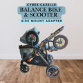 Stroller House balance bike and scooter side mount adapter for the CYBEX Gazelle, shown carrying a balance bike on the side of a light blue CYBEX stroller frame.