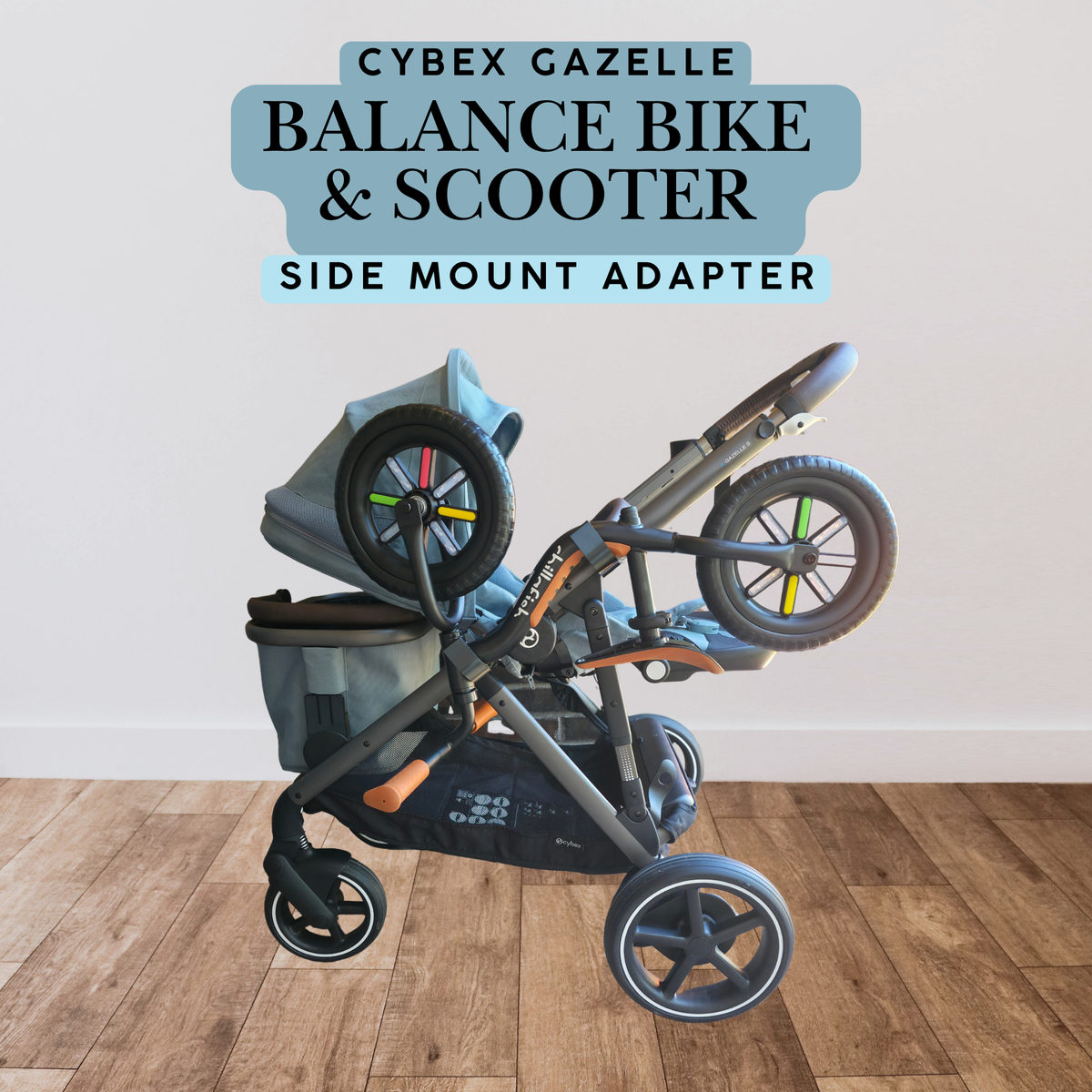 Stroller House balance bike and scooter side mount adapter for the CYBEX Gazelle, shown carrying a balance bike on the side of a light blue CYBEX stroller frame.