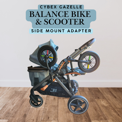 Stroller House balance bike and scooter side mount adapter for the CYBEX Gazelle, shown carrying a balance bike on the side of a light blue CYBEX stroller frame.