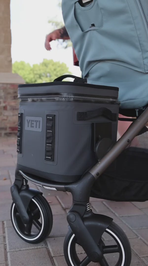 Video: a YETI Hopper Flip mounted on a CYBEX Gazelle S is opened right on the stroller to grab ice-cold drinks and snacks, then shown in the Flip 8 and Flip 12 sizes the mount fits