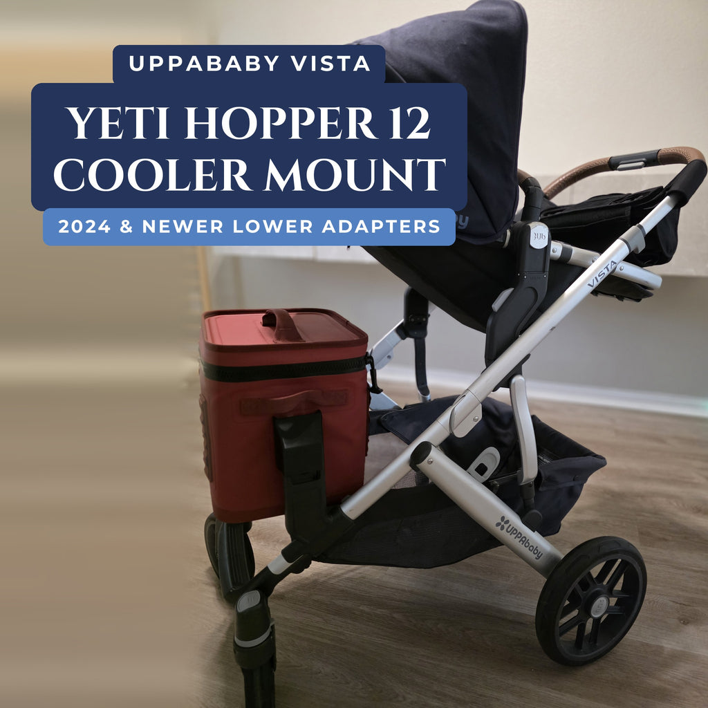 UPPAbaby Vista YETI Hopper 12 cooler mount for 2024 and newer lower adapters: a red Hopper Flip 12 carried low on the side of a Vista