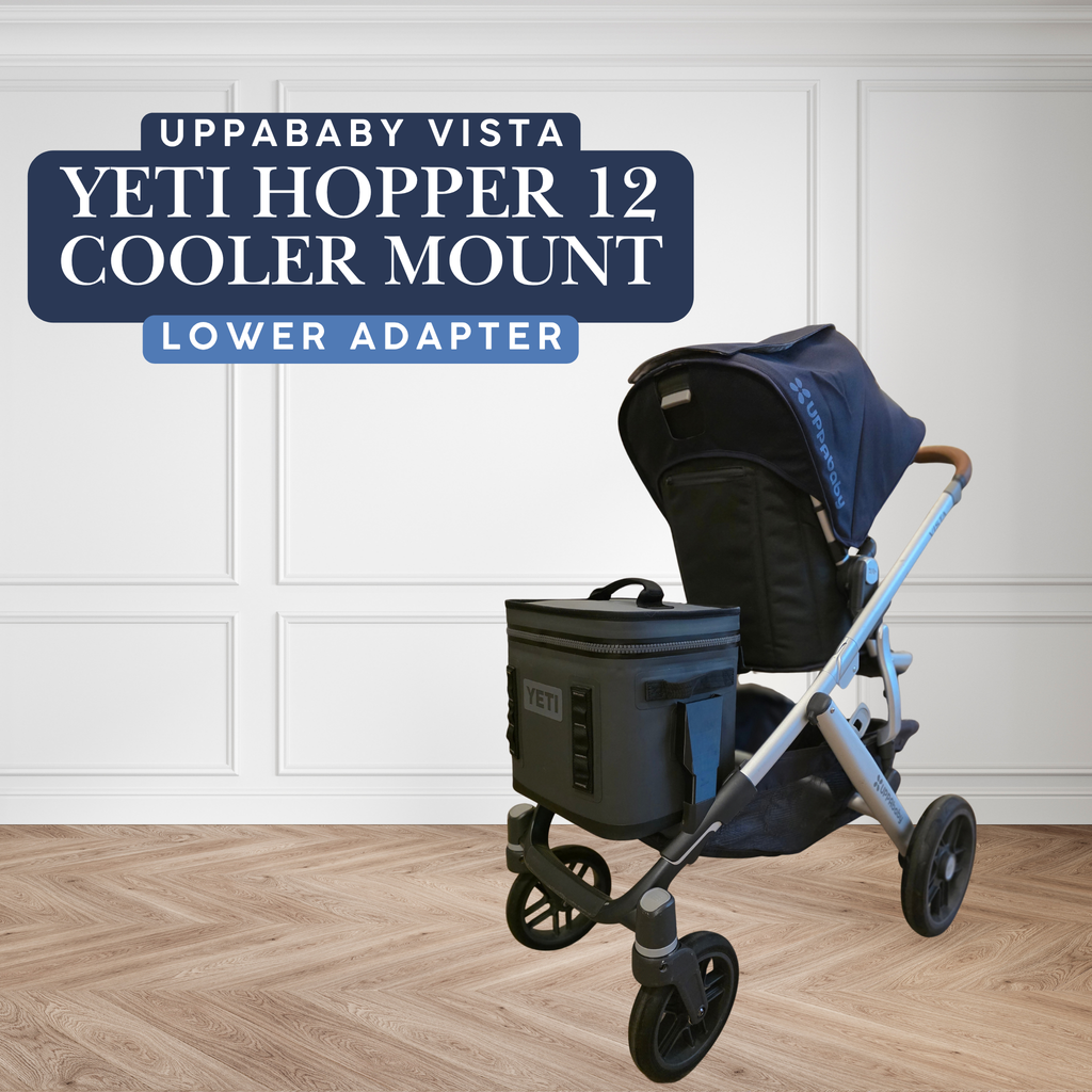 Stroller House lower-adapter cooler mount for the UPPAbaby Vista, made for the YETI Hopper Flip 12, shown carrying a cooler low on the frame.